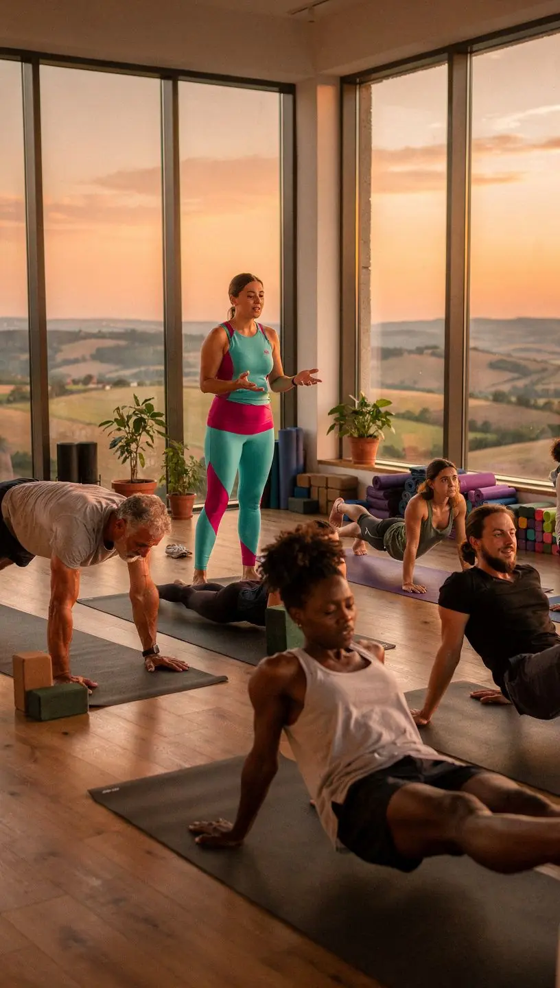 Különböző korosztályú résztvevők, akik boldogan végzik a gyakorlatokat otthonuk kényelmében.